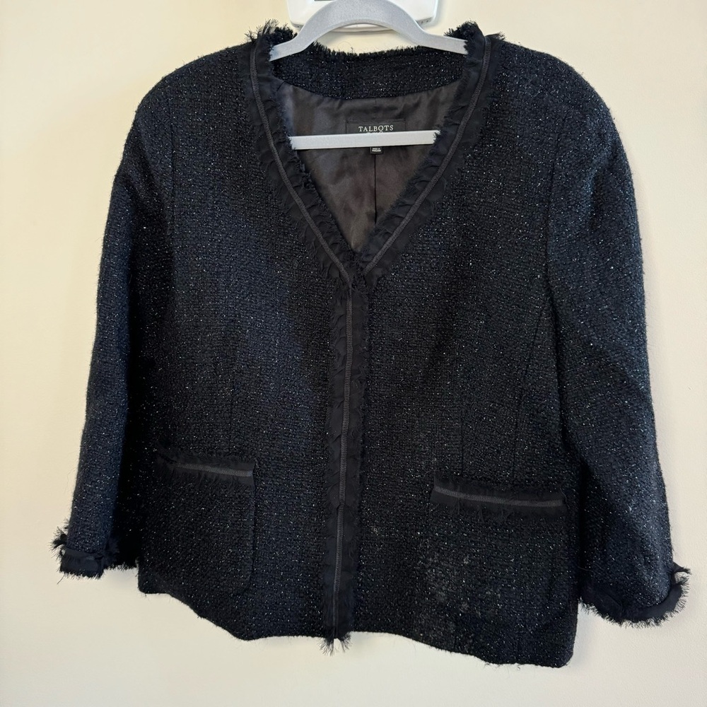 TALBOTS Black Grace Fit Shimmer Tweed Wool Blend Jacket Top Size 14 3/4 Sleeve